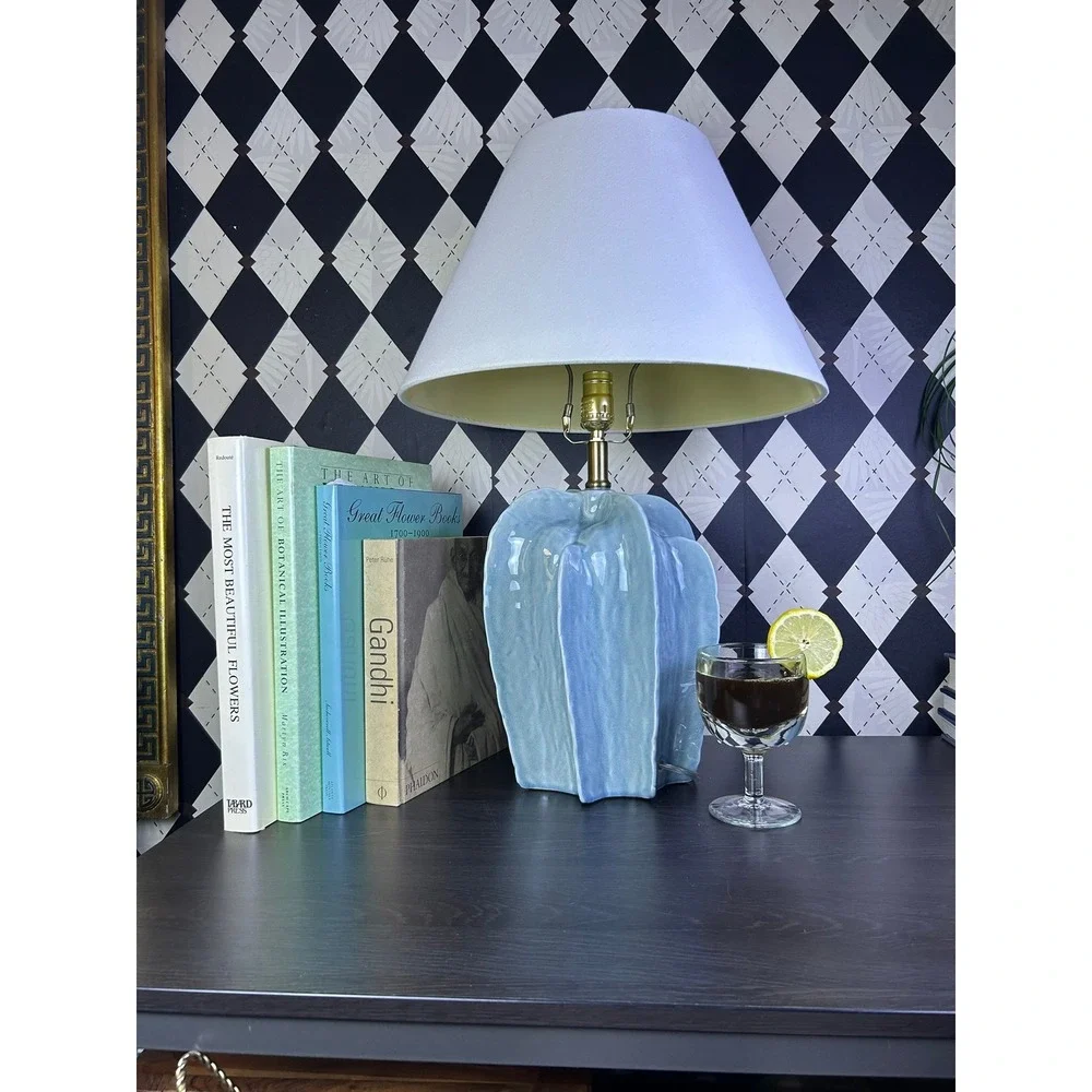 Large Sculptural Blue Pottery Table Lamp Fluted Statement Lighting 25
